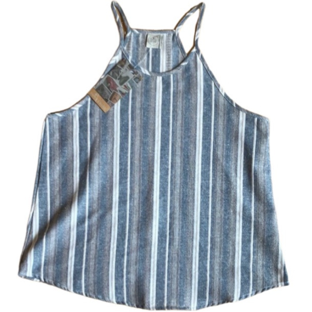 Paper Crane Striped Linen Blend Tank Top Size Small NWT Denim Blue Taupe, white